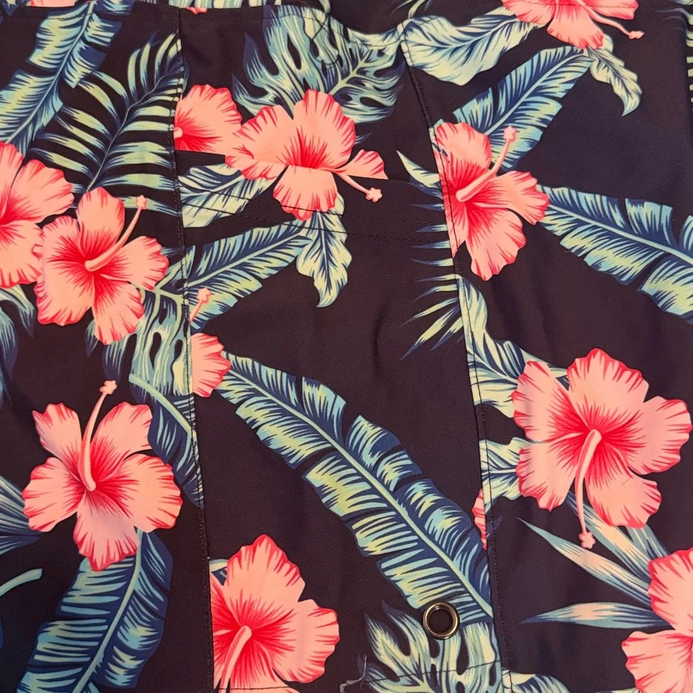 Women’s Gradual Tropical Floral High Waist Swim Shorts. Navy with Pink Flowers